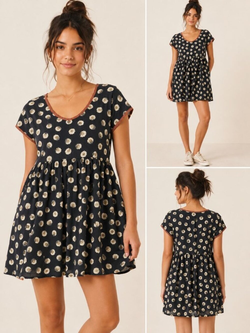 Urban Renewal Vtg Floral Print Babydoll Dress Black/cream Medium
